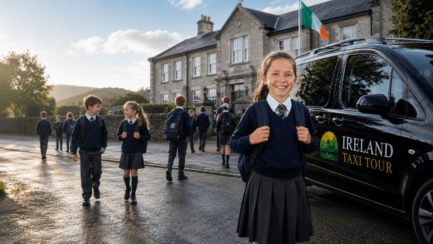 Taxi driver safely dropping school children at their Dublin school
