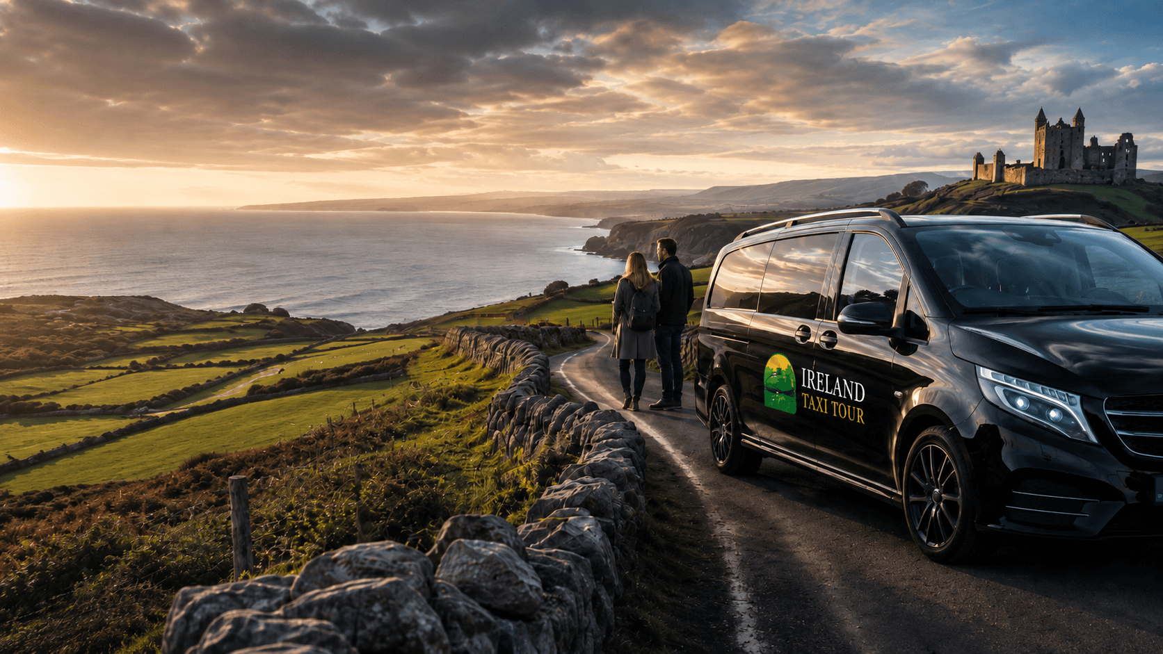 Couple beside their private tour vehicle on a coastal road in Ireland at sunset, with a castle on the headland