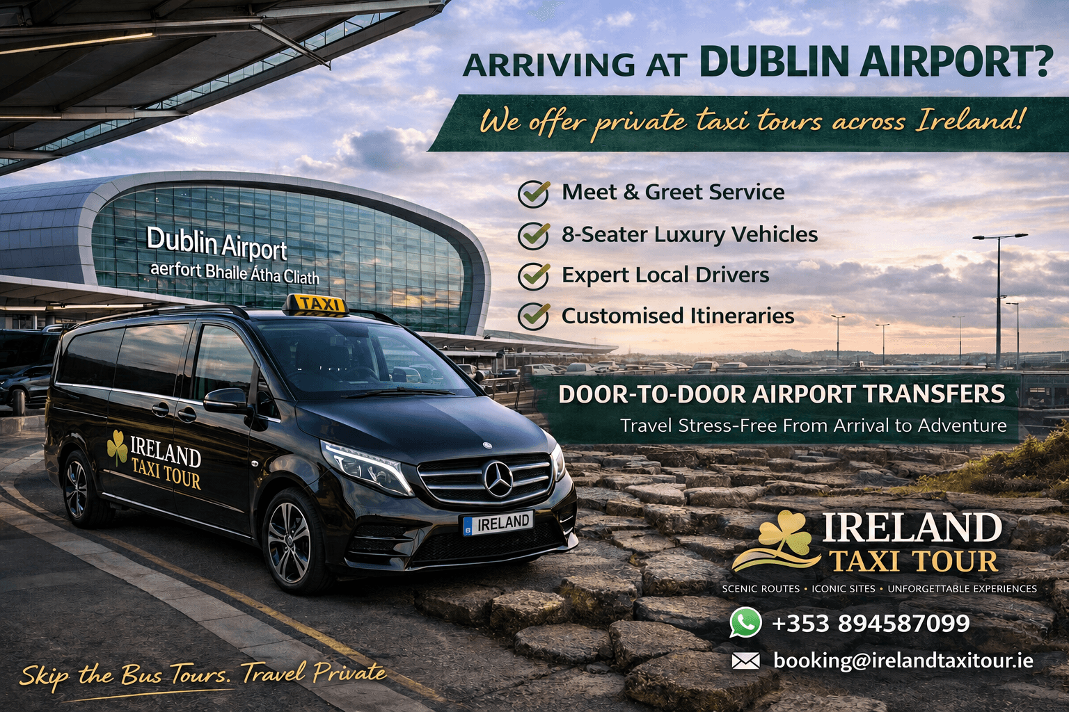 Private airport transfer taxi on an Irish road